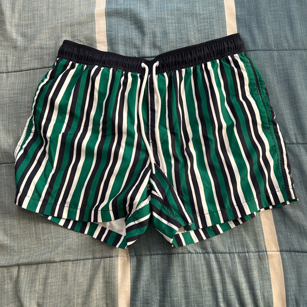 Amazon striped swim trunks, men’s 34 green blue white